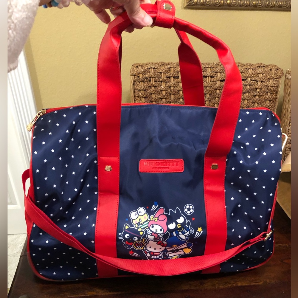 Hello Kitty & Friends Rolling Duffel Bag Navy Red Stars Carry On Luggage Wheels